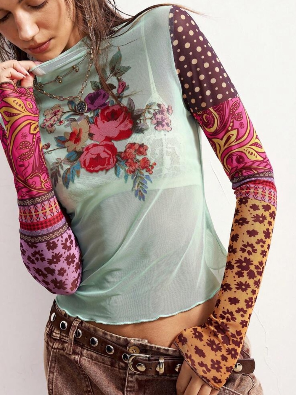 SHEIN Lilly Floral Print Patchwork Long Sleeve Mesh Sheer Top Mint Green